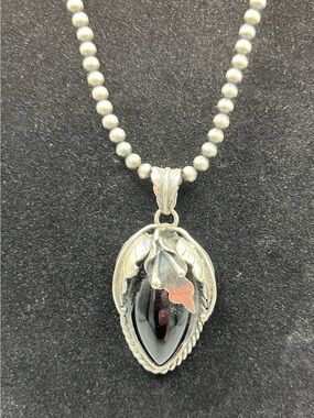 Sterling-Style Black Onyx Tear Drop Leaf Pendant Necklace